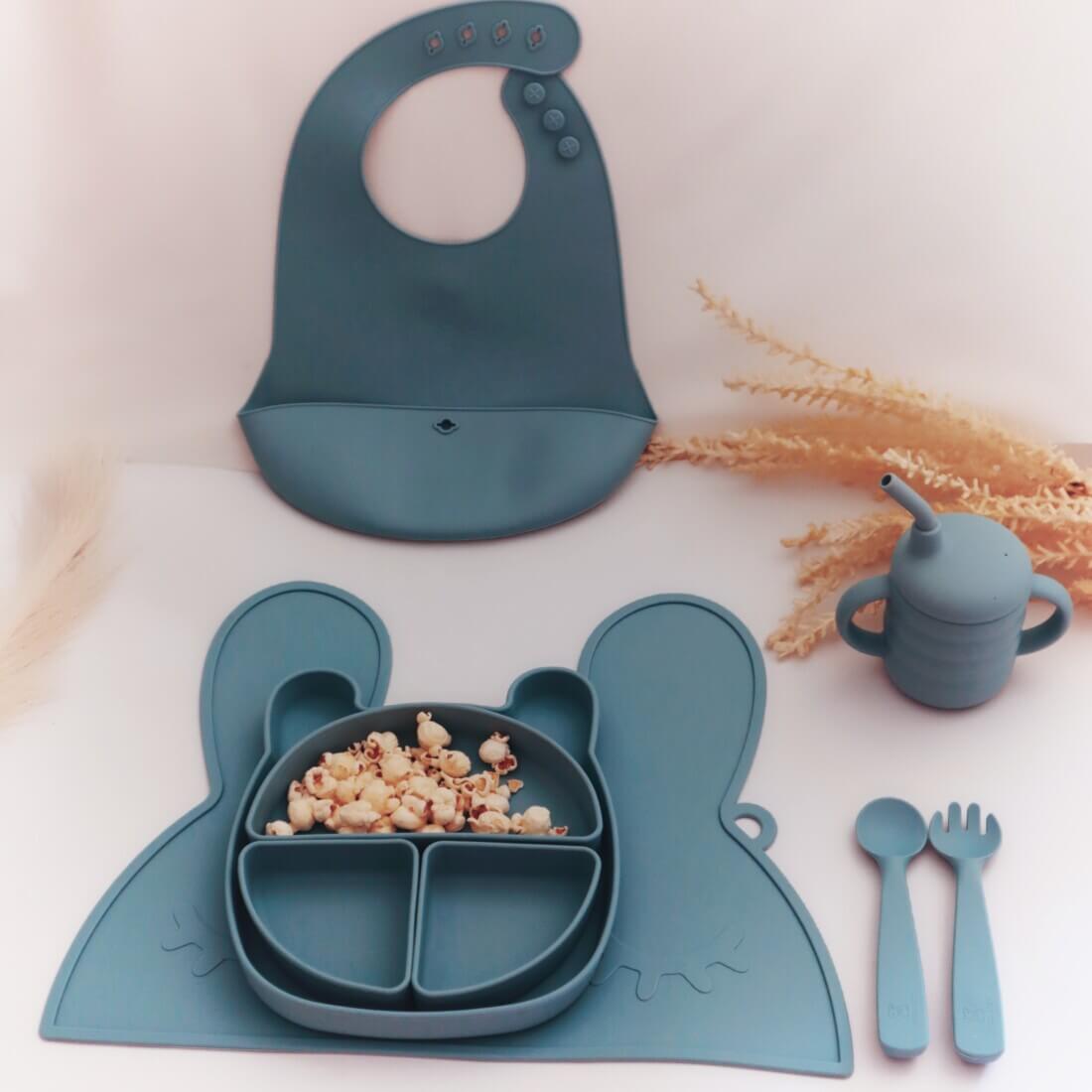 Σετ Φαγητού Rabbit από Σιλικόνη με Αντιολισθητική Βάση και Σουπλά (9τμχ)1