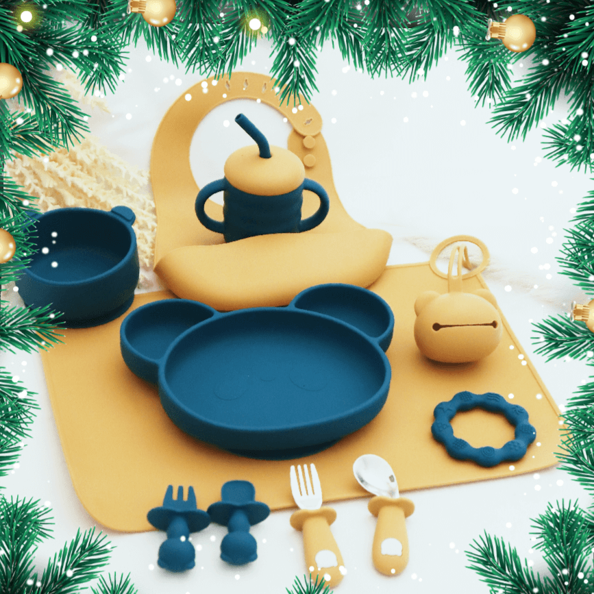 Σετ Φαγητού “Panda with 3 sections plate” από Σιλικόνη με Αντιολισθητική Βάση, μασητικό, σουπλά και κάλλυμα για πιπίλα (10 τμχ)